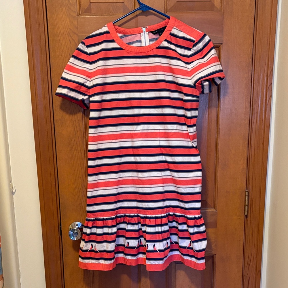 Marc By Marc Jacobs Casual Striped Dress - Red, White, and Black - bird print